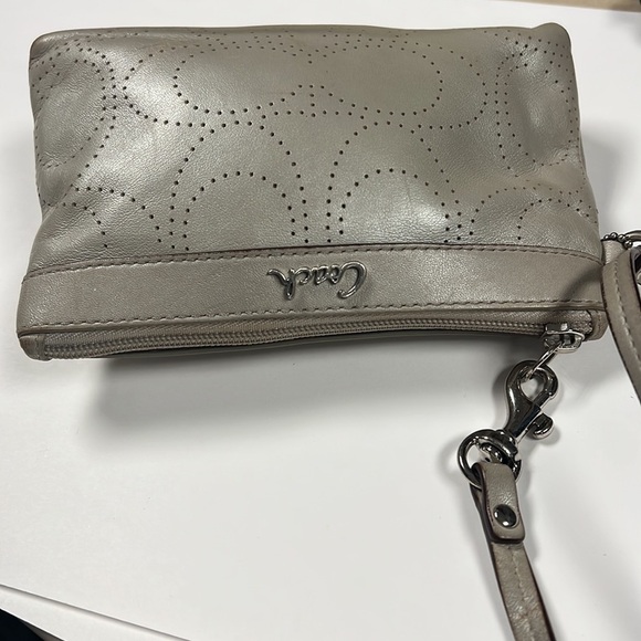 Coach Perforated Logo Gray Leather Wristlet Clutch - Picture 6 of 8